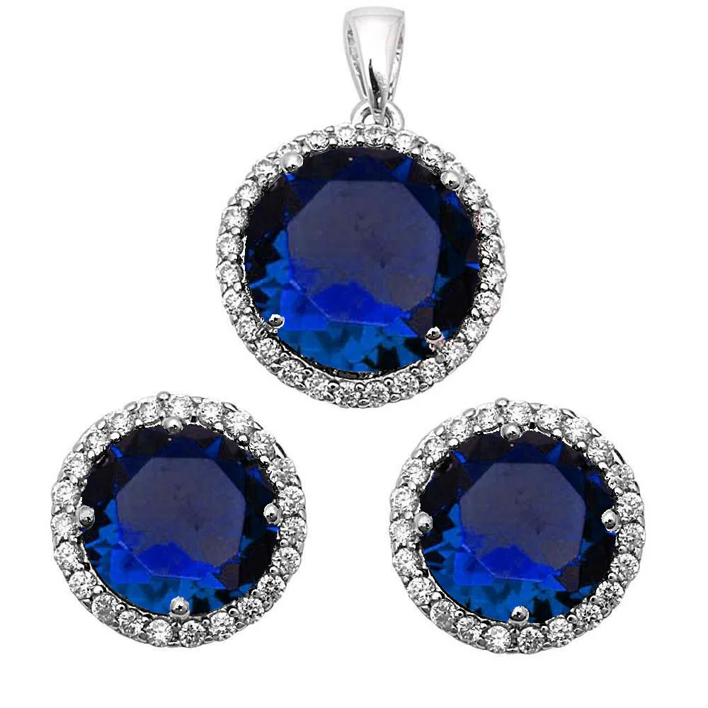 <span>CLOSEOUT! </span>HALO BLUE SAPPHIRE & CZ .925 Sterling Silver Earring & Pendant Set .75"X.5