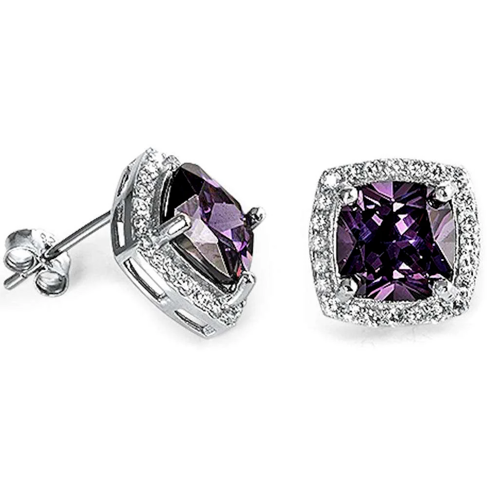 Cushion Cut Amethyst & Cubic Zirconia .925 Sterling Silver Earrings