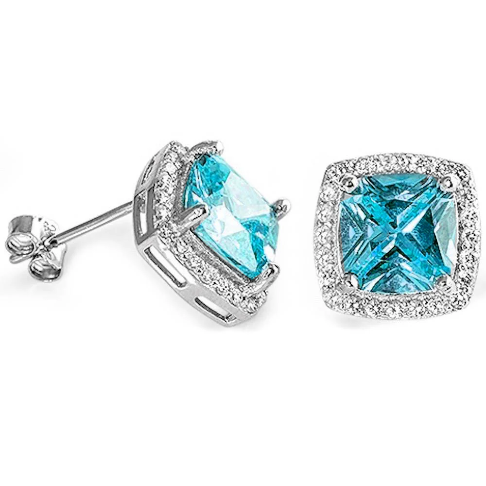 Cushion Cut Aquamarine & Cubic Zirconia .925 Sterling Silver Earrings