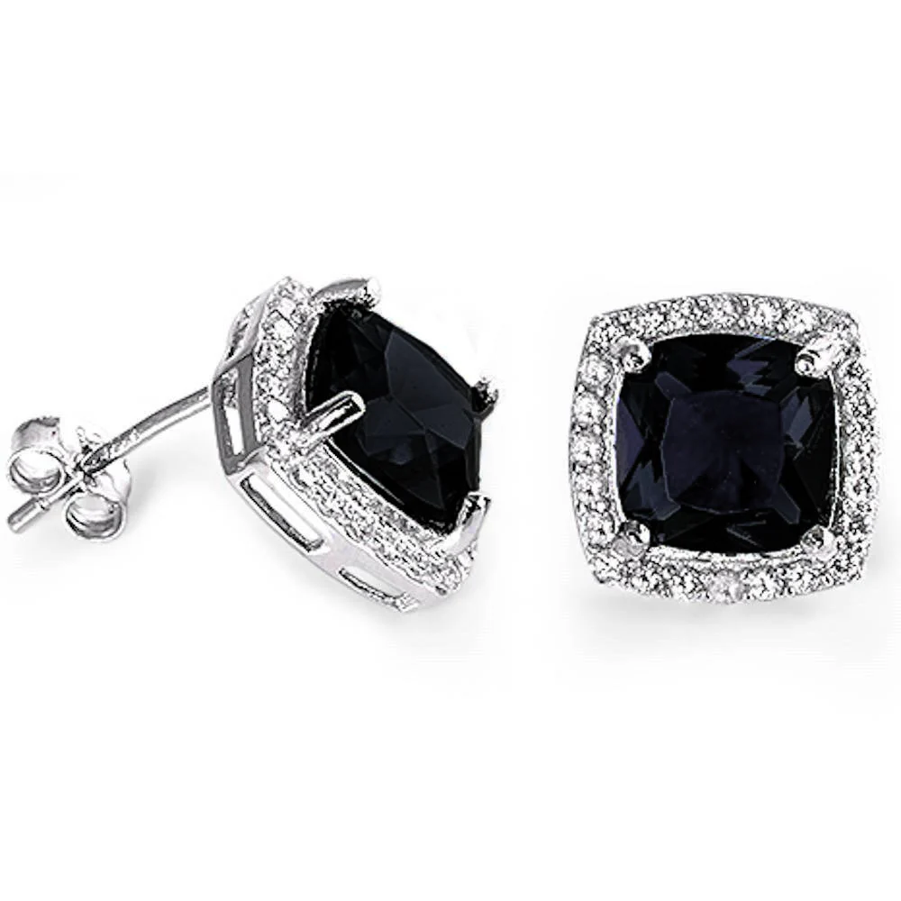 Cushion Cut Black Onyx & Cubic Zirconia .925 Sterling Silver Earrings