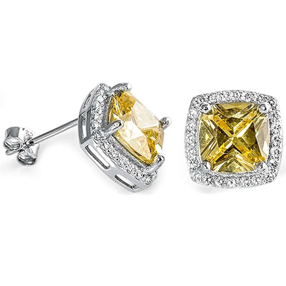 Cushion Cut Yellow & White Cubic Zirconia .925 Sterling Silver Earrings