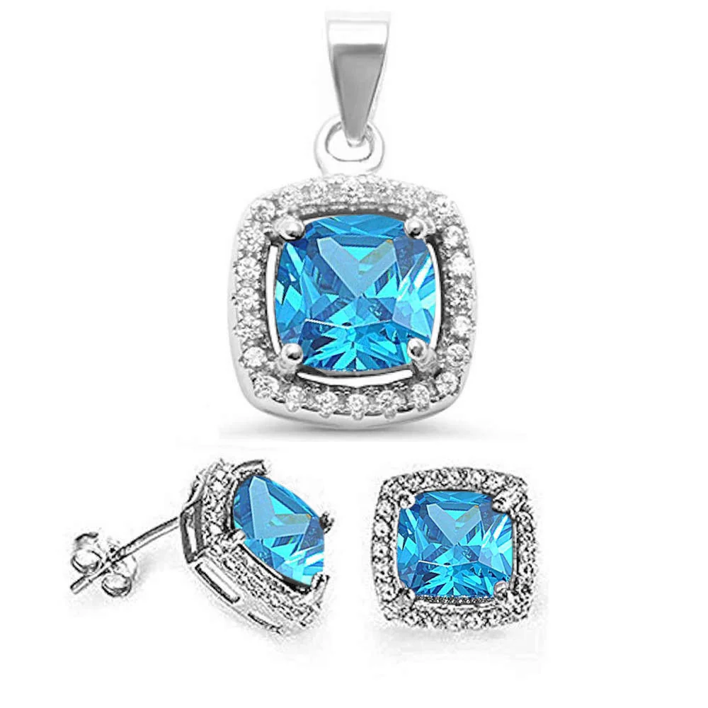Cushion Cut Blue Topaz & Cz Earring & Pendant .925 Sterling Silver Set