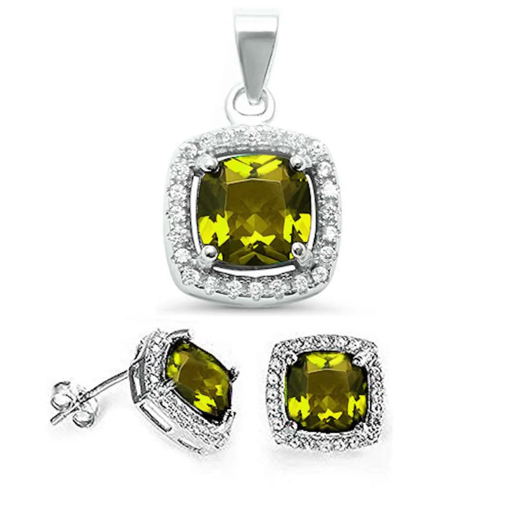 Peridot & CZ Halo .925 Sterling Silver Earring & Pendant Set