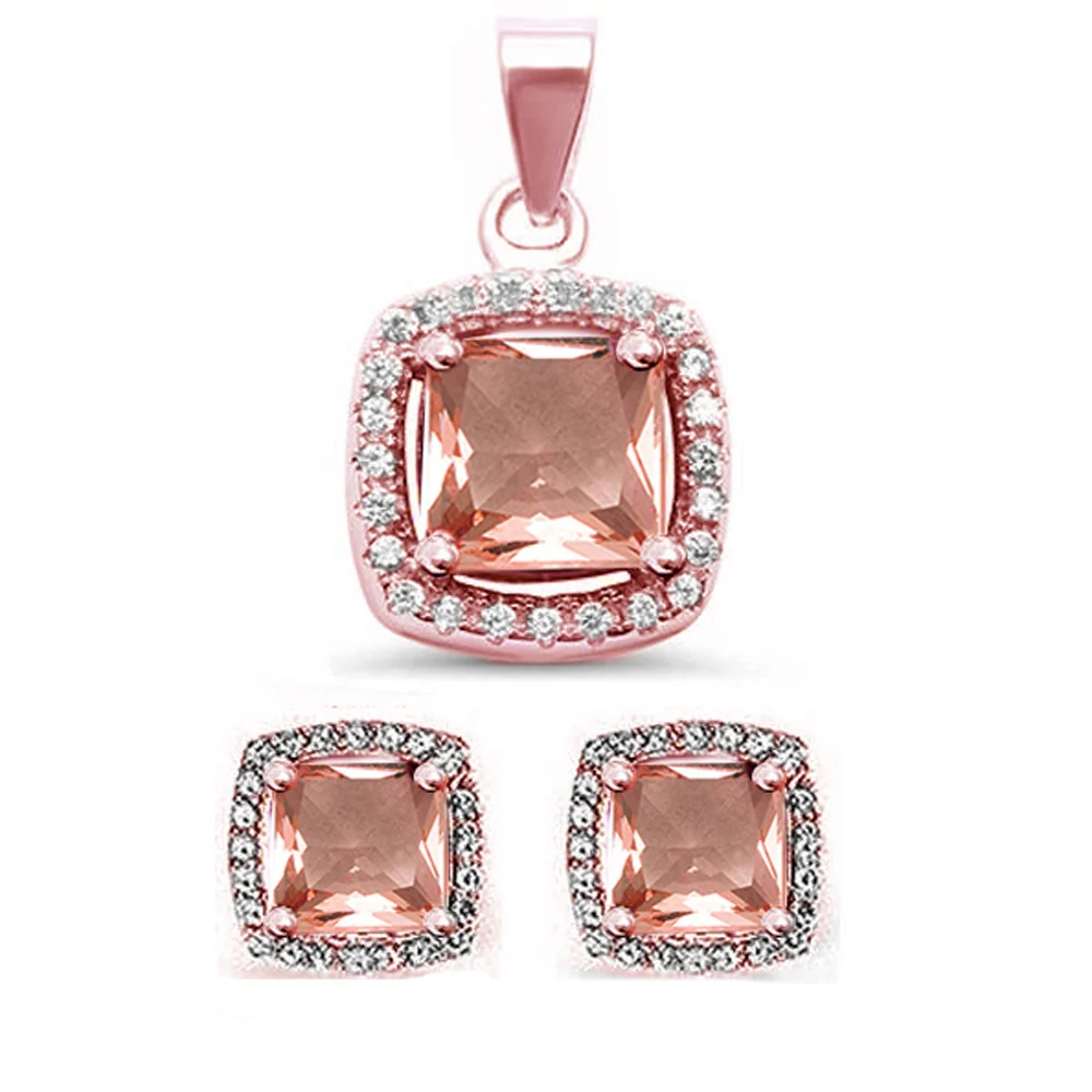 3.50ct Princess Cut Morganite & CZ  .925 Sterling Silver Earrings & Pendant Set