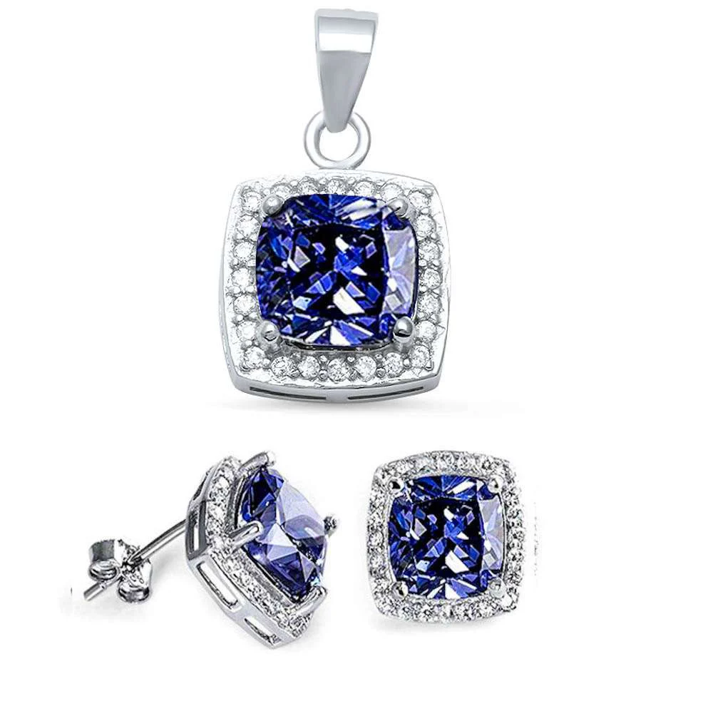 Cushion Tanzanite & Cz .925 Sterling Silver Pendant & Earring set