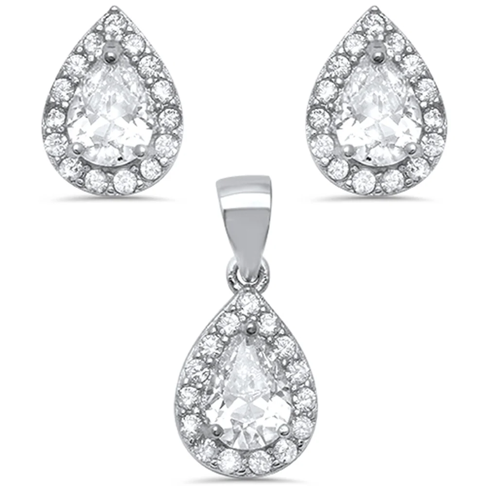 <span>CLOSEOUT!</span>Pear Shape Cubic Zirconia .925 Sterling Silver Earring & Pendant Set