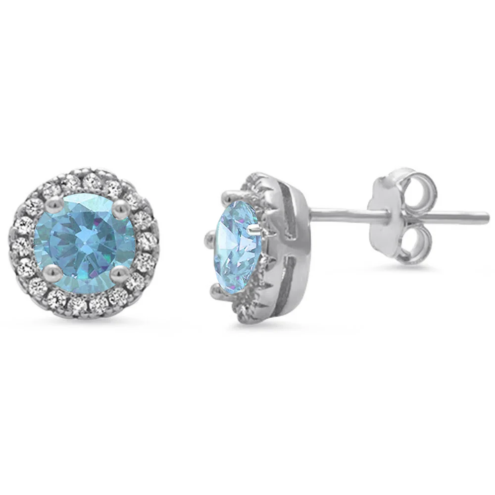 Halo Aquamarine & Cz stud .925 Sterling Silver Earrings