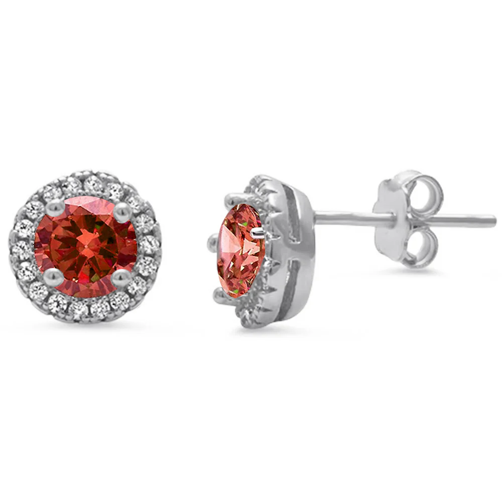 Halo Garnet & Cz .925 Sterling Silver Earrings