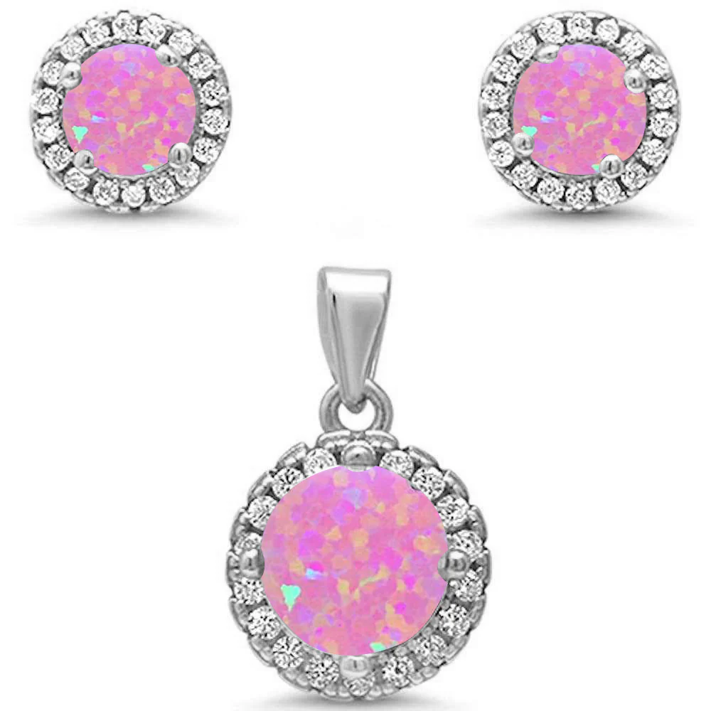 Round Halo Pink Opal & Cubic Zirconia .925 Sterling Silver Pendant & Earrings