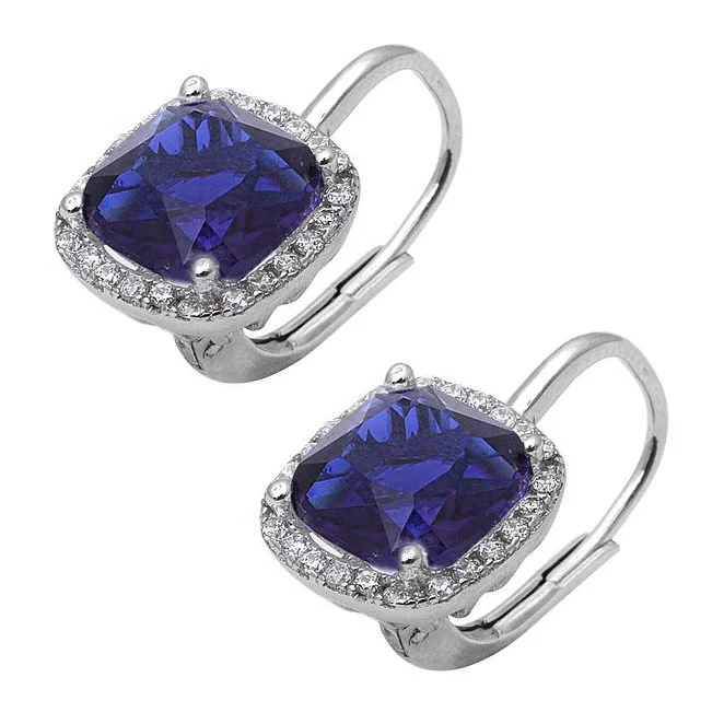 Cushion Cut Tanzanite and Cubic Zirconia .925 Sterling Silver Earring
