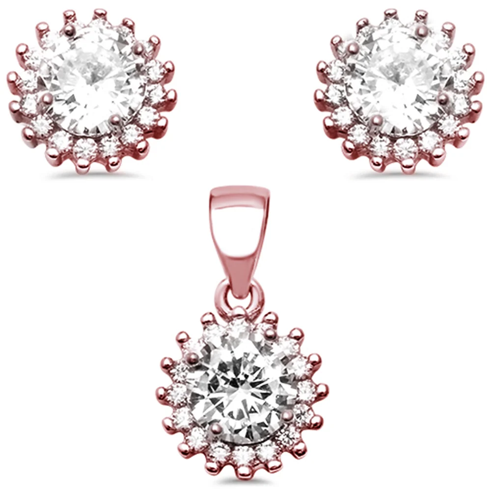 <span>CLOSEOUT! </span>Rose Gold Plated Halo Cubic Zirconia .925 Sterling Silver Earring and Pendant Set