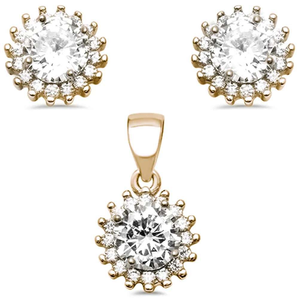 <span>CLOSEOUT! </span>Yellow Gold Plated Halo Cubic Zirconia .925 Sterling Silver Earring and Pendant Set