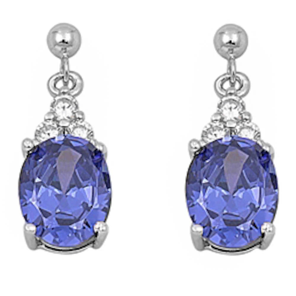 Dangling Oval Tanzanite & Cz .925 Sterling Silver Earrings