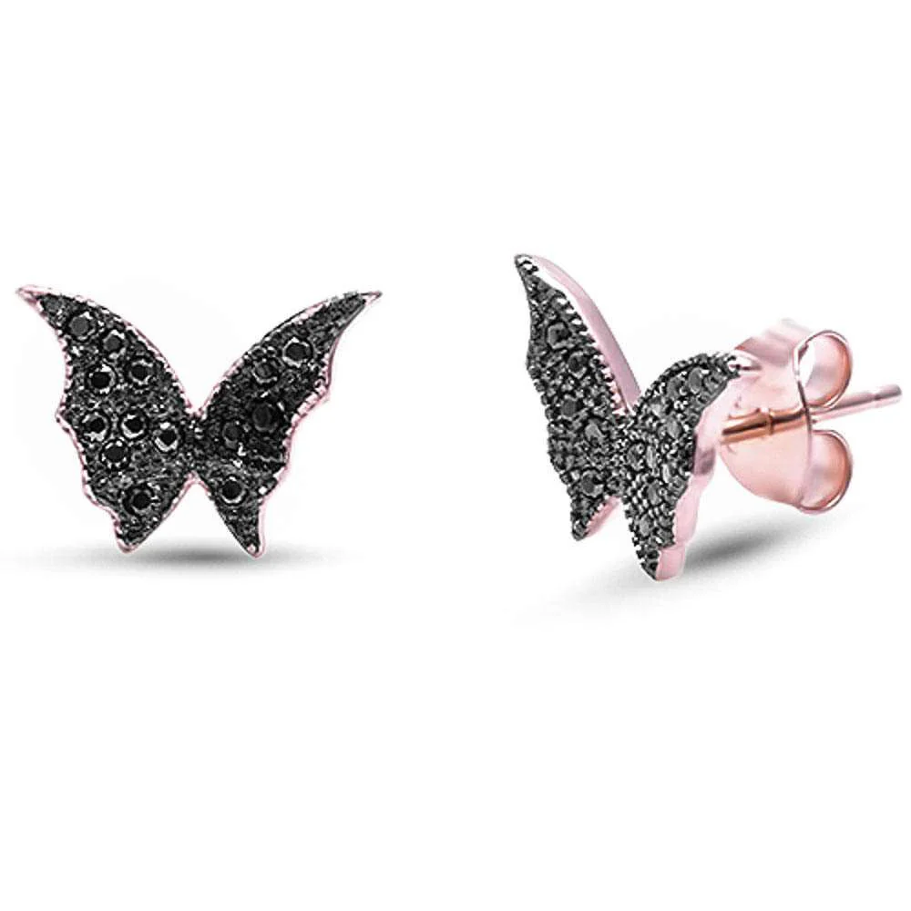 <span>CLOSEOUT!</span>Rose Gold Plated Black Cubic Zirconia Butterfly .925 Sterling Silver Earrings