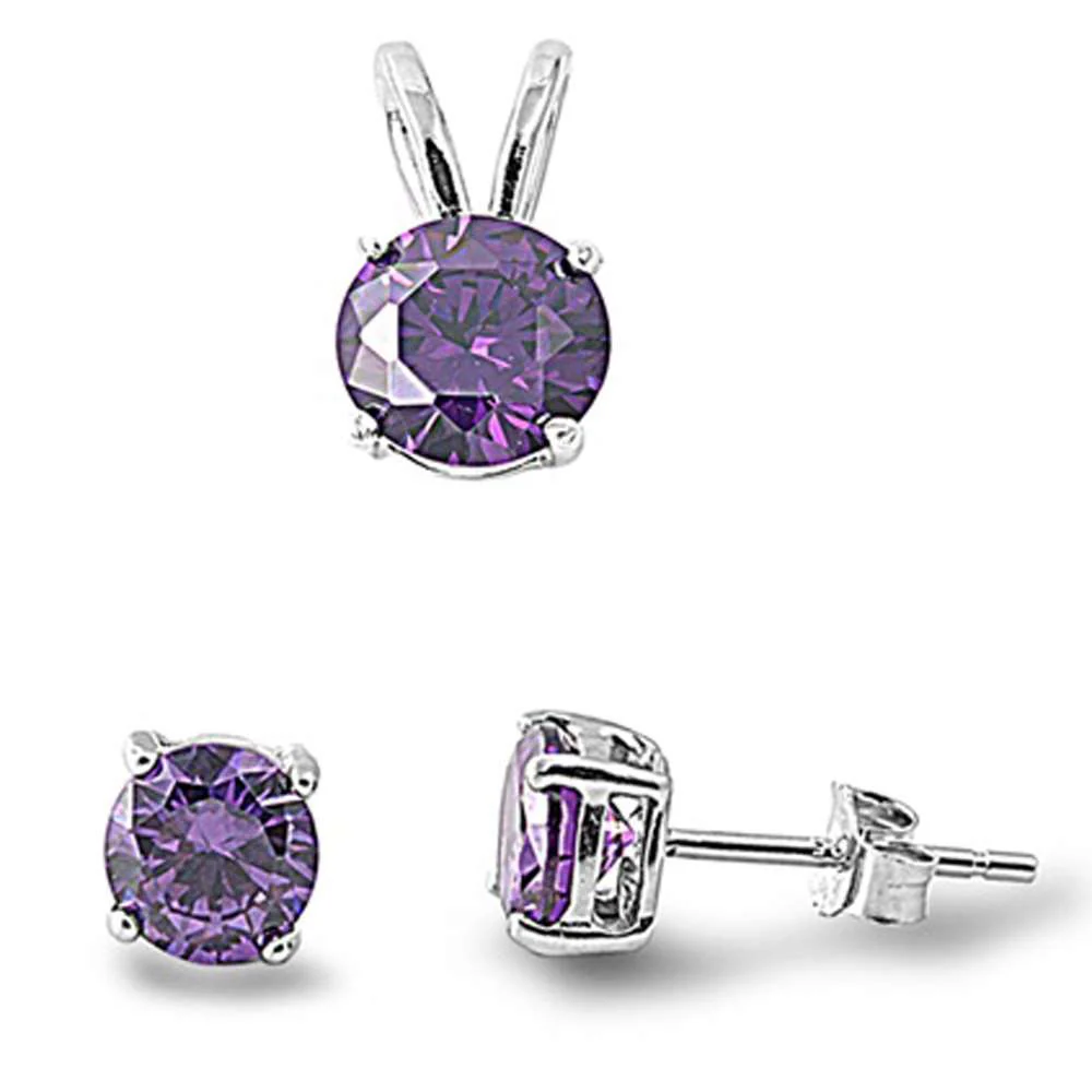 Round Amethyst .925 Sterling Silver Pendant & Earrings Set