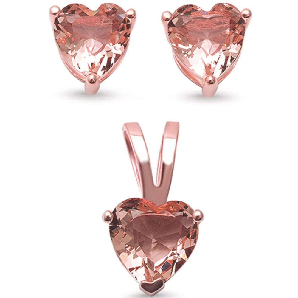 Rose gold Plated Morganite Heart Pendant & Earrings Set .925 Sterling Silver