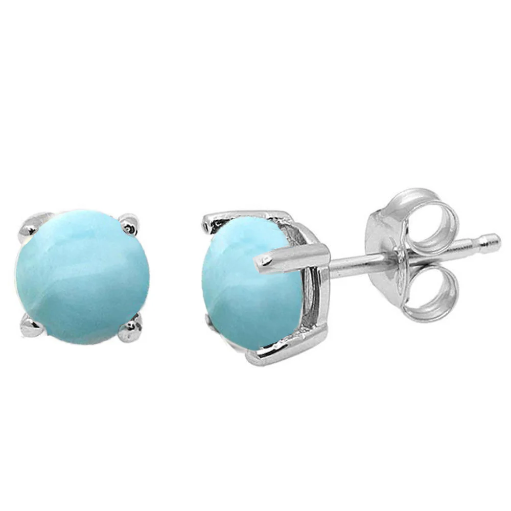 Round Natural Larimar Stud .925 Sterling Silver Earrings