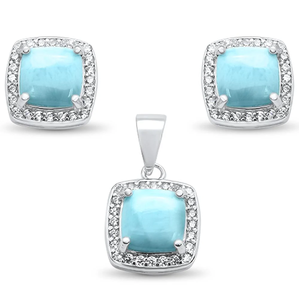 Cushion Cut Natural Larimar & Cz Earring & Pendant .925 Sterling Silver Set
