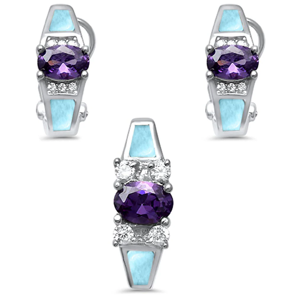 Natural Larimar, Amethyst & Cz Earring & Pendant .925 Sterling Silver Set