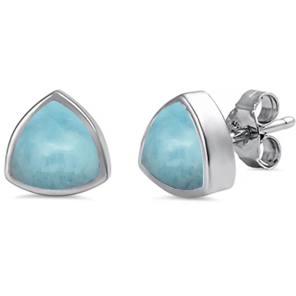 Trillion Shape Natural Larimar Studs .925 Sterling Silver Earrings