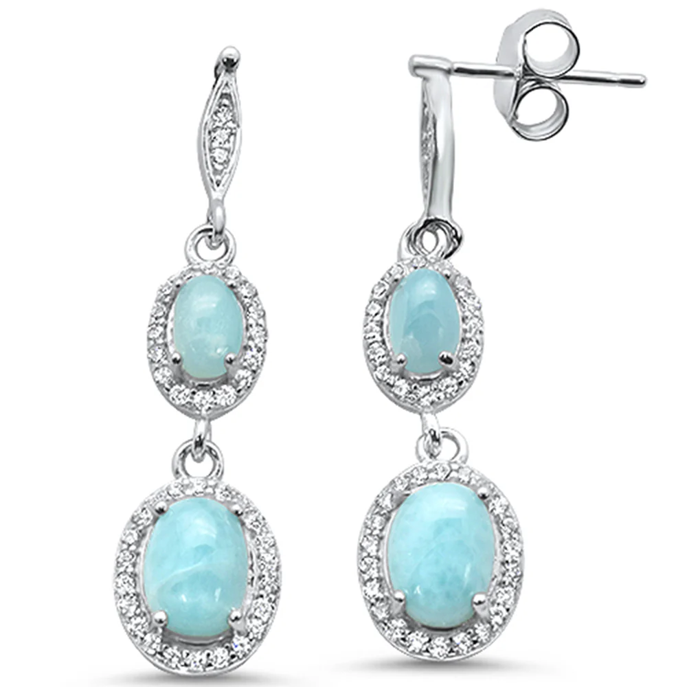 Natural Larimar & Cz .925 Sterling Silver Earrings
