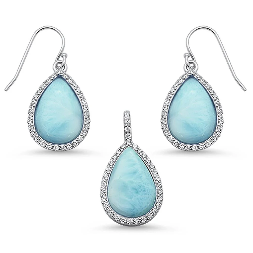Pear Shape Natural Larimar & Cz Dangle Earring & Pendant .925 Sterling Silver Set