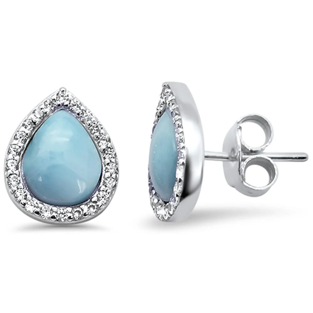 Pear Halo Tear Drop Natural Larimar .925 Sterling Silver Earrings
