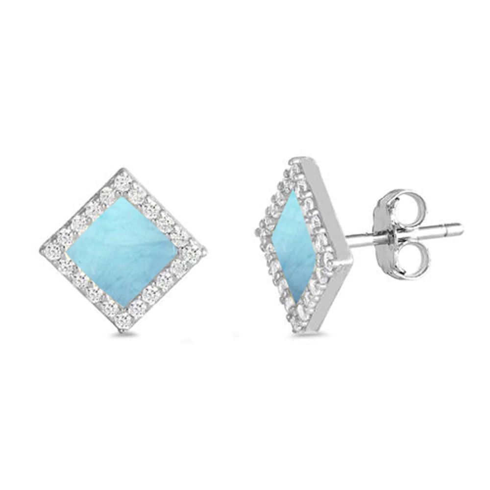 Natural Larimar Diamond Shape Stud .925 Sterling Silver Earrings