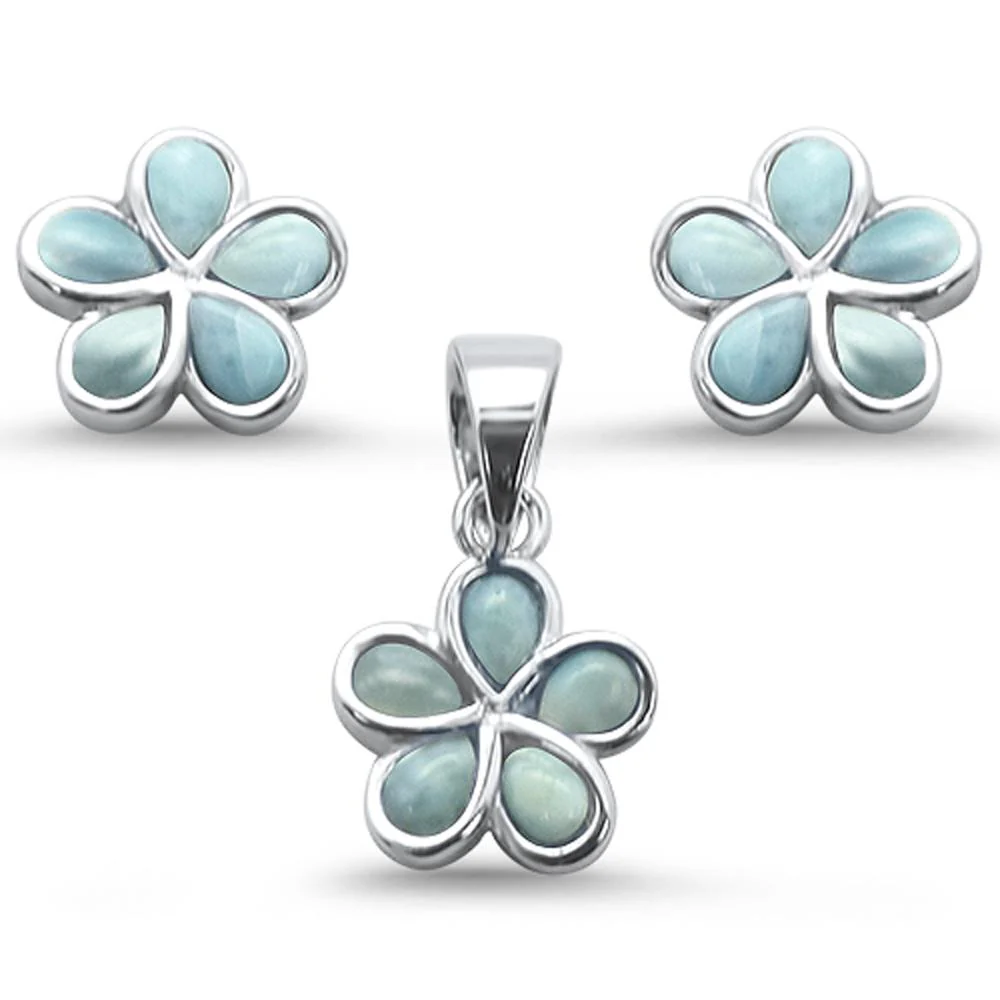 Plumeria Flower Natural Larimar .925 Sterling Silver Earring & Pendant Set