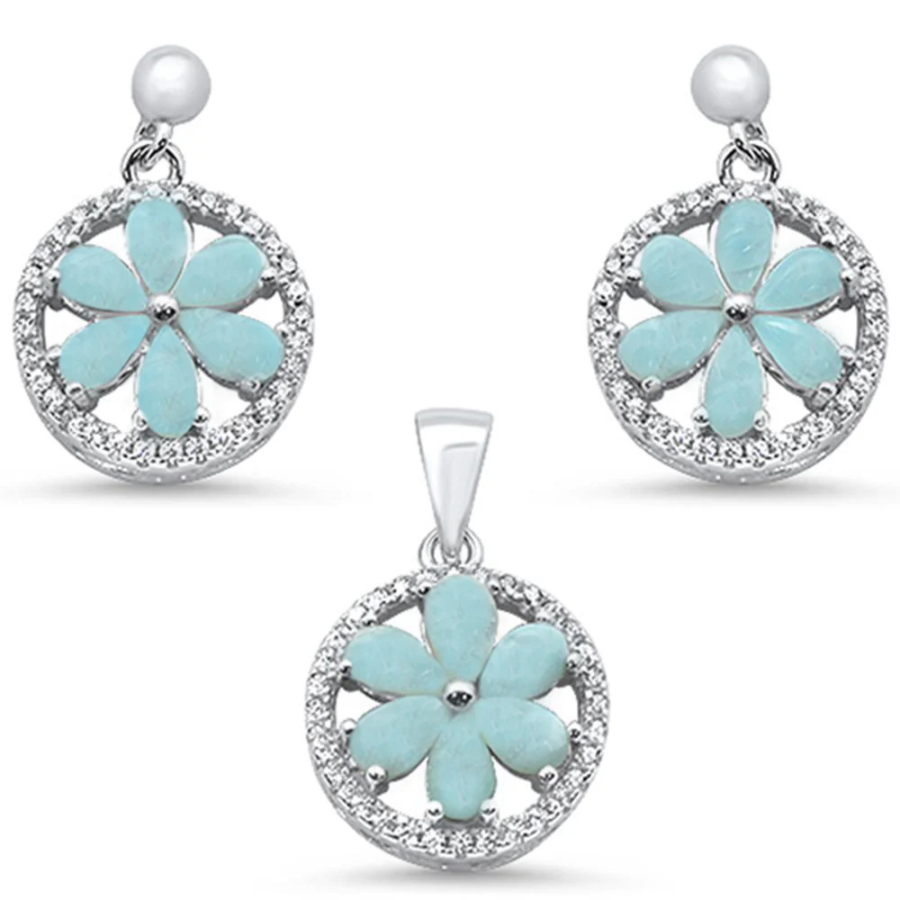 Natural Larimar & Round CZ .925 Sterling Silver Pendant & Earring Set