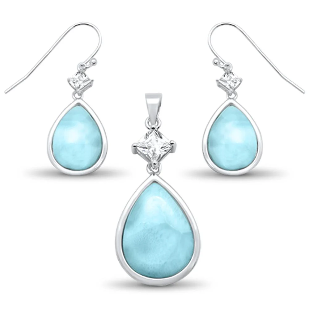Natural Larimar & Cz Pear Shape Dangle Earring & Pendant .925 Sterling Silver Set