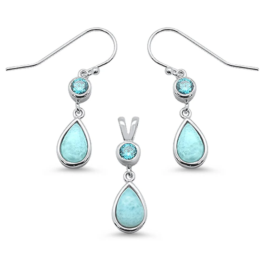 Natural Larimar Pear Shape & Aquamarine Dangle Earring & Pendant .925 Sterling Silver Set