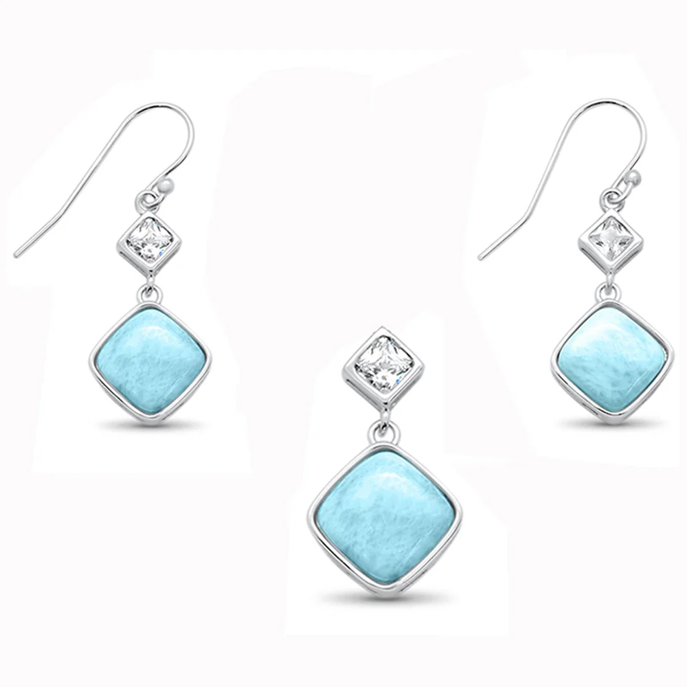 Natural Princess Cut Larimar & CZ Dangling .925 Sterling Silver Earring & Pendant Set
