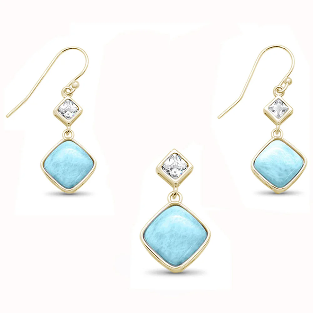 Yellow Gold Plated Natural Princess Cut Larimar & Cubic Zirconia Dangling .925 Sterling Silver Pendant & Earring Set