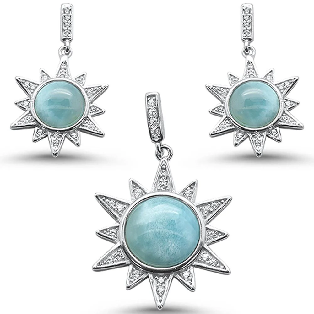 Elegant Starburst Natural Larimar .925 Sterling Silver Earring & Pendant Set