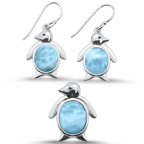 Natural Larimar Penguin Dangle Earring & Pendant .925 Sterling Silver Set
