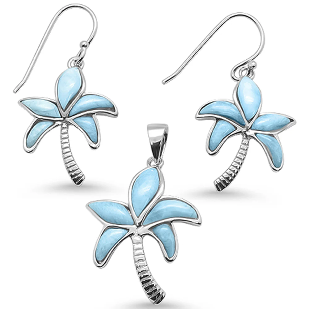 Natural Larimar Palm Tree Earring & Pendant .925 Sterling Silver Set