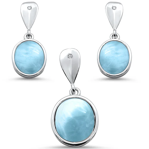 Natural Larimar Oval Dangle Earring & Pendant .925 Sterling Silver Set