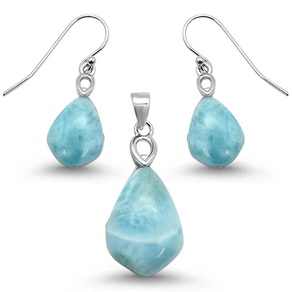 Natural Cut Larimar .925 Sterling Silver Earring & Pendant Set