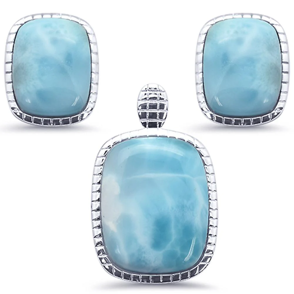 Cushion Cut Natural Larimar .925 Sterling Silver Earring & Pendant Set