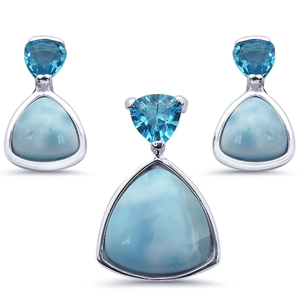 Trillion Shape Natural Larimar .925 Sterling Silver Earring & Pendant Set