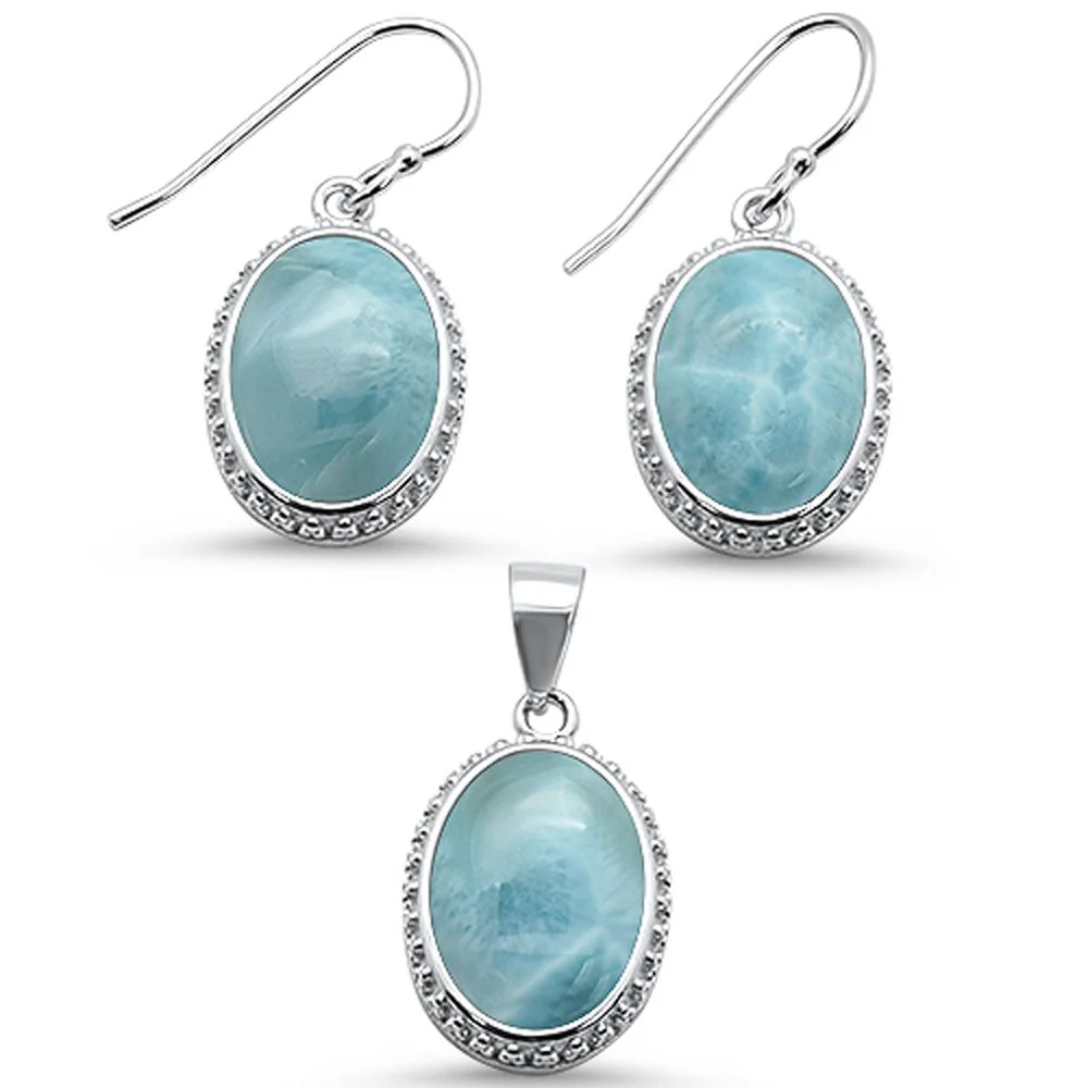 Oval Elegant Natural Larimar .925 Sterling Silver Earring & Pendant Set