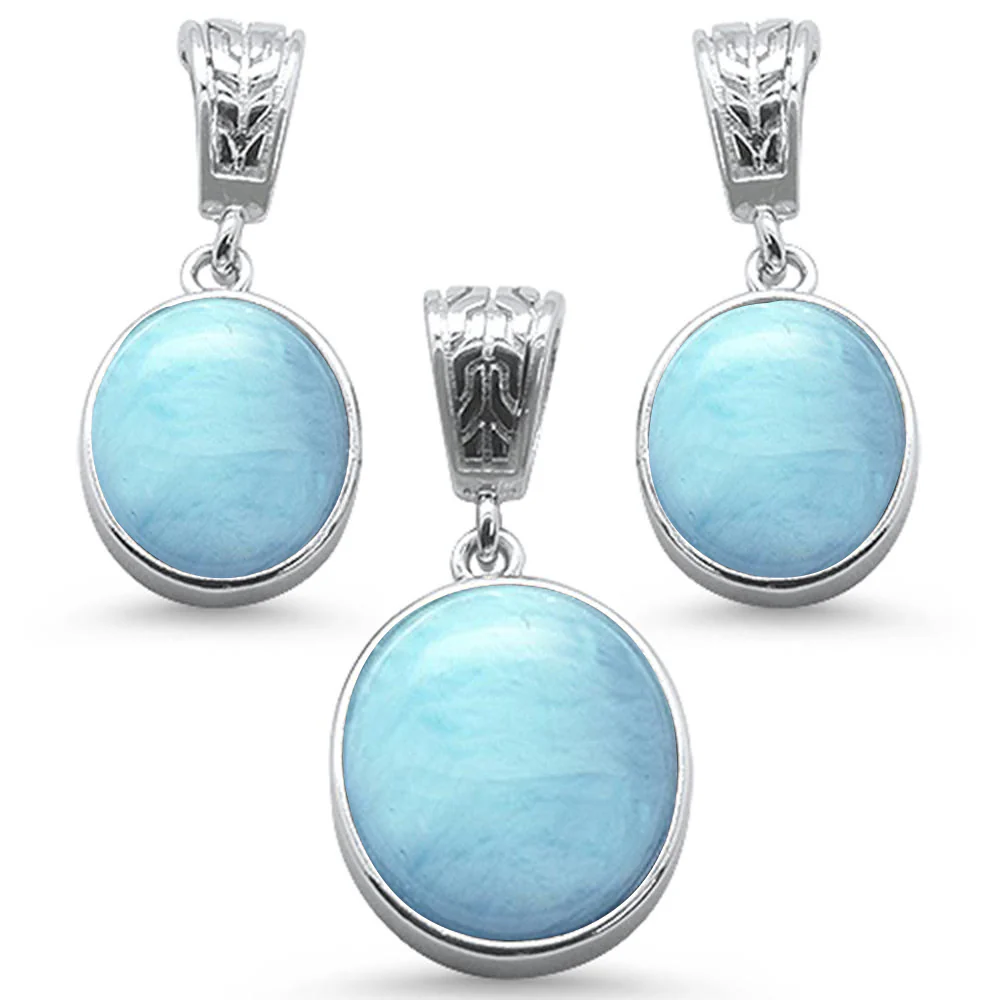 Oval Natural Larimar Design .925 Sterling Silver Pendant & Earring Set