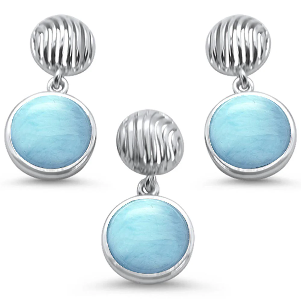 Round Natural Larimar .925 Sterling Silver Pendant & Earring Set