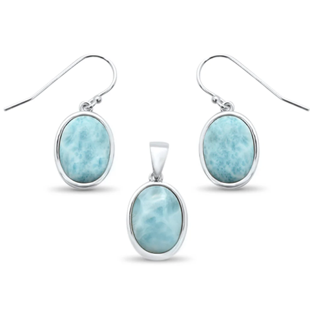 Oval Natural Larimar .925 Sterling Silver Pendant & Earrings Set