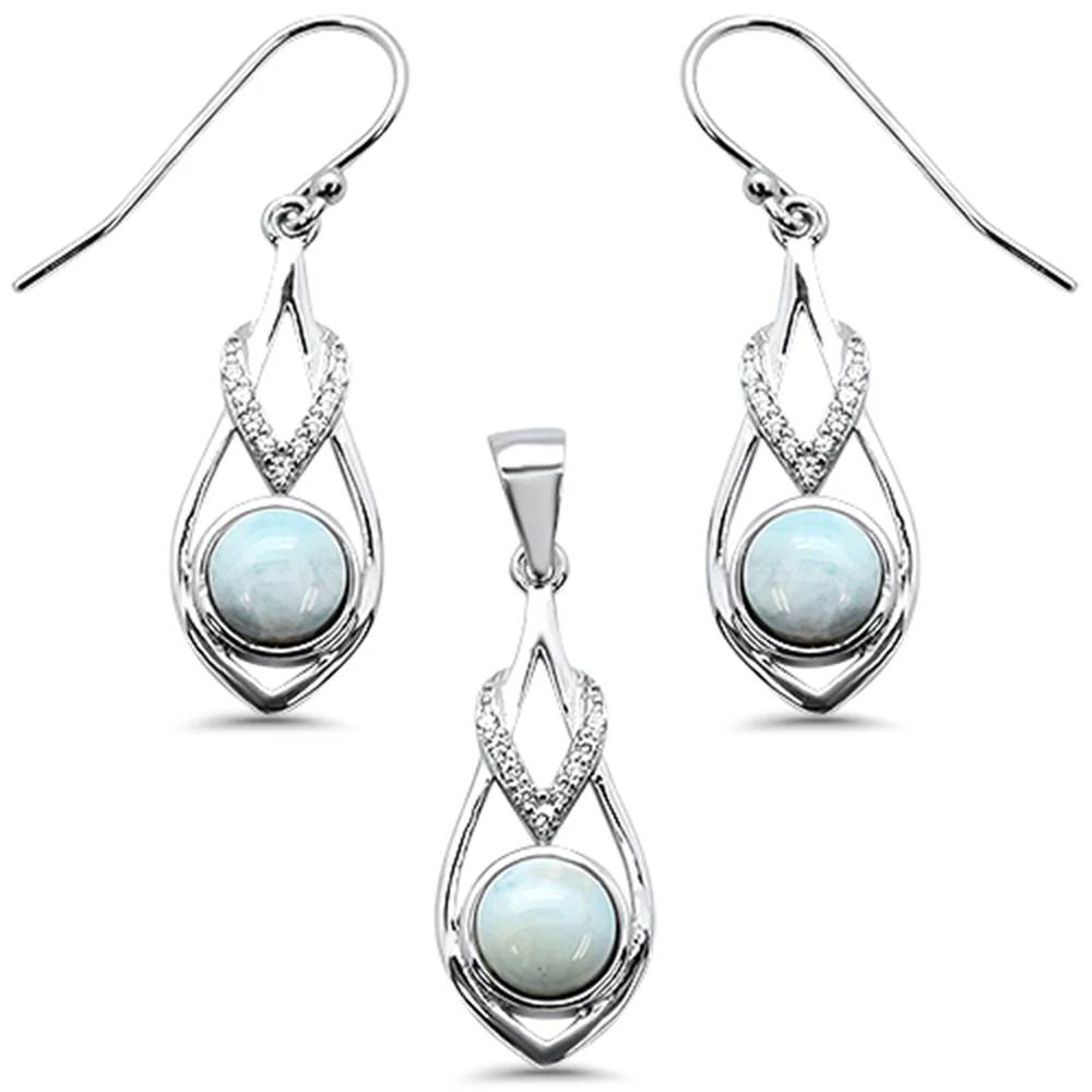 Natural Larimar & Cubic Zirconia .925 Sterling Silver Pendant & Earring Set