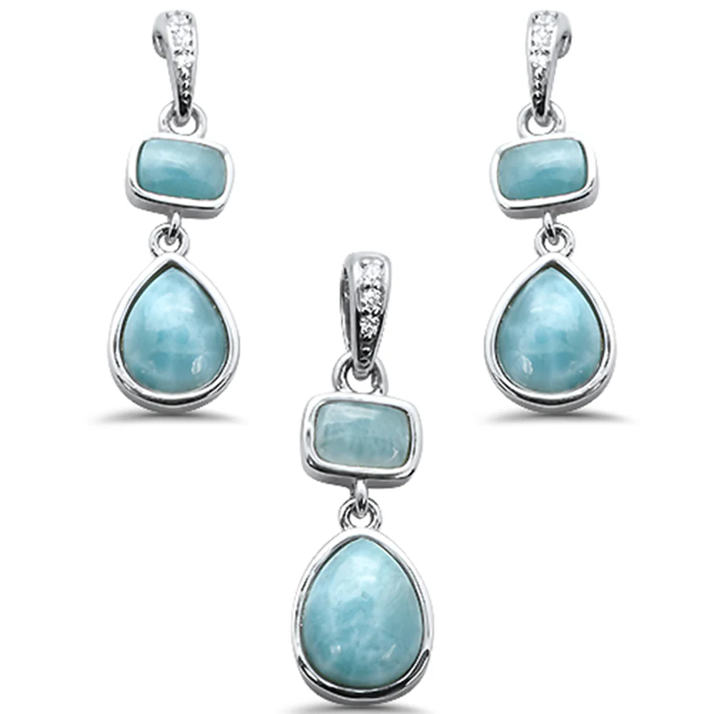 New Natural Larimar & Cz .925 Sterling Silver Pendant & Earring Set