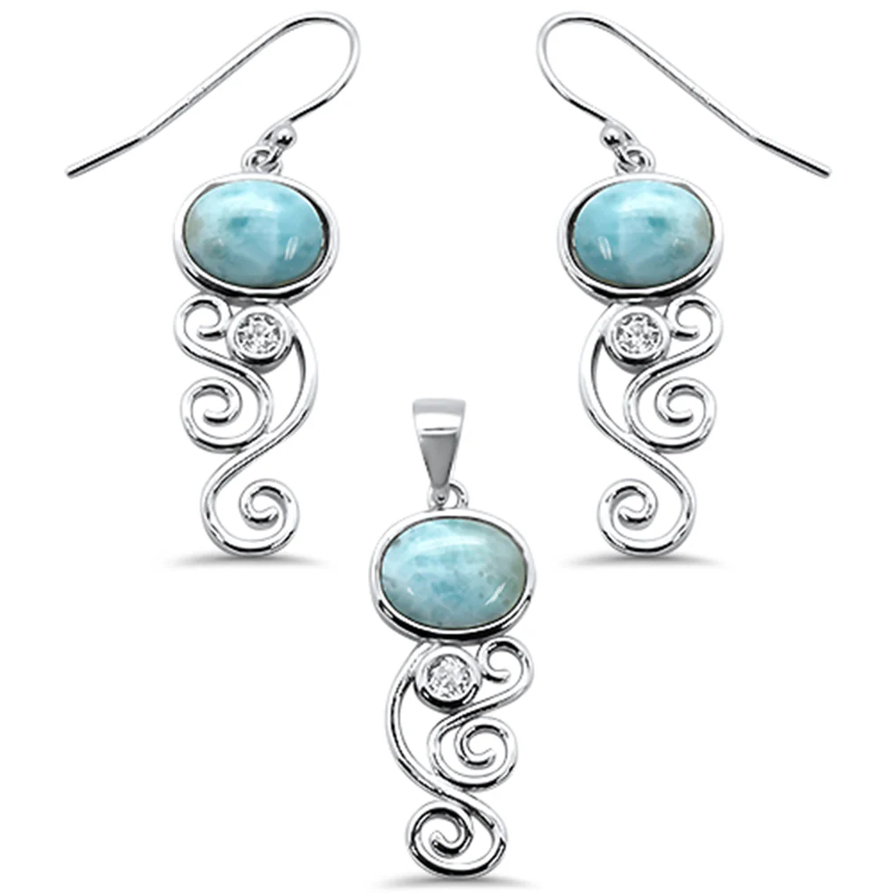 Oval Natural Larimar & Cz .925 Sterling Silver Pendant & Earring Set