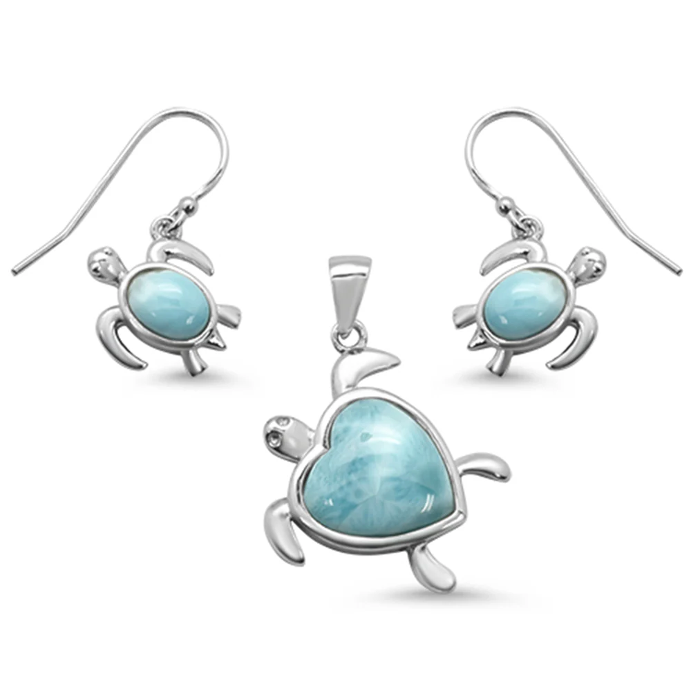 Natural Larimar Heart & Turtle .925 Sterling Silver Pendant & Earring Set