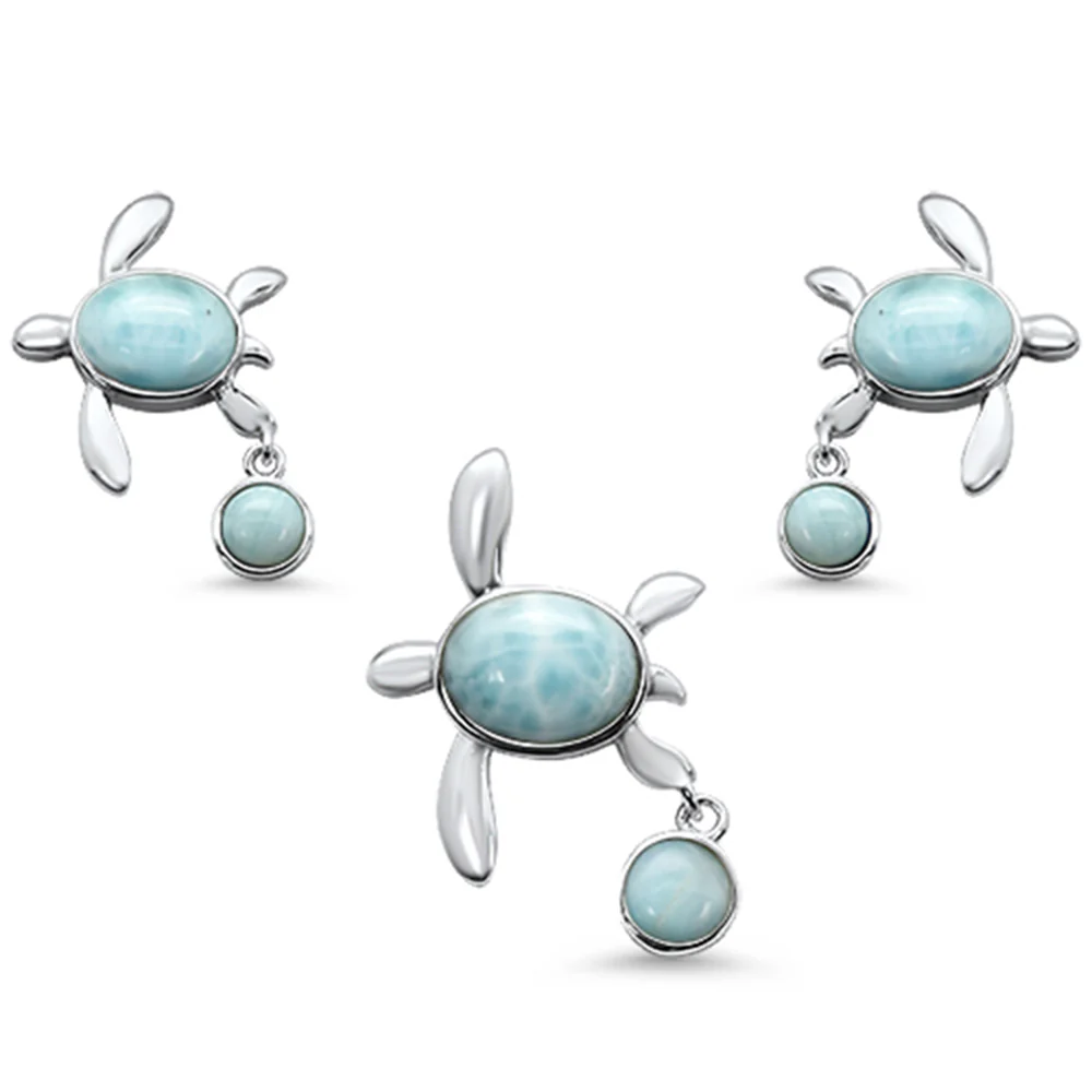 New Natural Larimar Turtle .925 Sterling Silver Pendant & Earring Set
